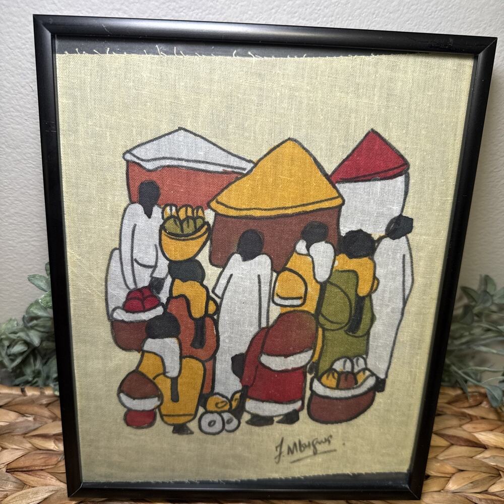 Signed African Folk Art Market Scene Painting Framed Textile 10.5 x 8.5